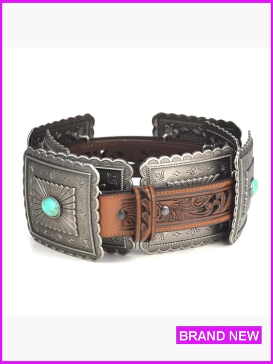 Western Belt with Turquoise Concho Accents Genuine Leather Tooled Embossing main image 4